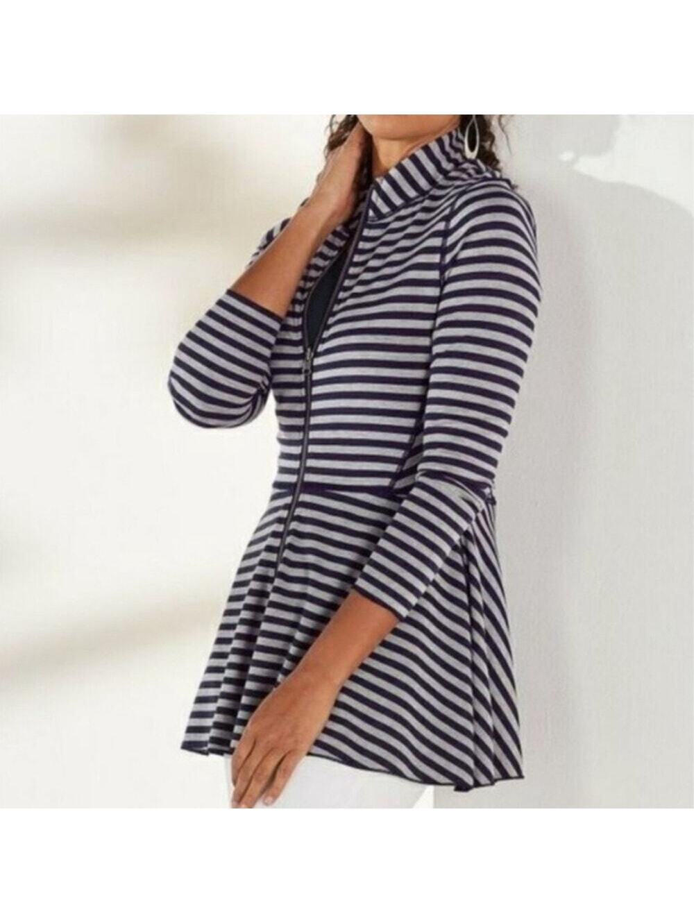 Soft Surroundings NWT Women's Reversible Striped Peplum Jacket Blue Striped M